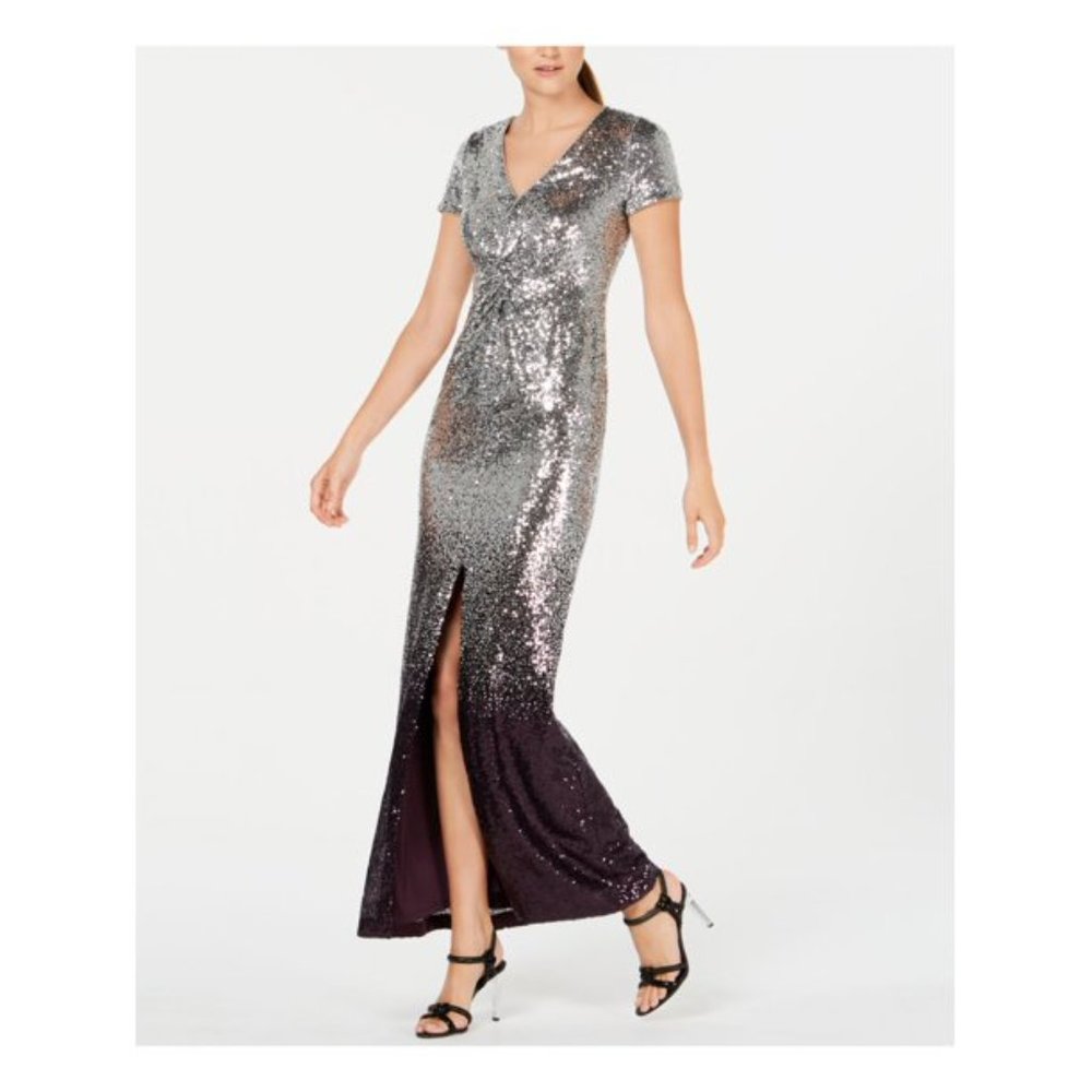 NEW Calvin Klein SILVER AUBERGINE SEQUINS LONG DRESS FORMAL EVNING GOWN